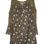 Entro  Women's Top Floral Sheer Lace Cold Shoulder Flare Sleeves Green/Pink Small Photo 11