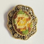 Vintage Earth Tone Gold Oval Needlepoint Brooch Flower Photo 3