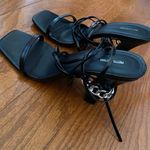 Pretty Little Thing Black Pu Mid Block Heel Chain Trim Ankle Tie Strappy Sanda-5 Photo 0