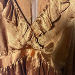 Pink Lily  Blouse Women's Small Copper/Orange V Neck Satin Ruffle Peplum Blouse Photo 2