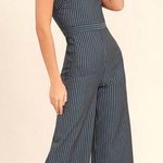 Lulus NWT Lulu’s Negotiation Slate Striped Midi Jumpsuit pinstripe culotte sz M Photo 0