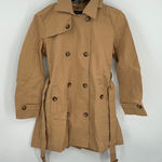 Tan Double Breasted Hooded Trench Coat Belted Casual Outerwear Size L Size L Photo 0