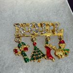 NOEL Christmas Holiday Brooch Pin Gold Tone Dangle Charms Stocking Tree Snowman Photo 1
