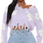 Just‎ Polly New York Lilac White Flower Cropped Distressed Sweater Photo 0