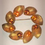 Austria Vintage Gold Tone Amber Color CZ Rhinestone Round Floral Brooch Photo 0