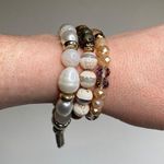 Chico's 3 Bundle Women’s Beaded Stretch Bracelets Gold-Tone Wood Tassel Faux Pearls EUC Photo 0