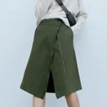 ZARA ‎ Asymmetrical Zipper Khaki Midi Skirt Womens Size XS Photo 0