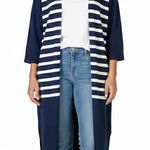Loft NWT  Open Front Cardigan Womens M Navy Blue Striped 100% Cotton Coastal Photo 0