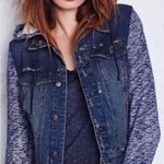 Free People Distressed Denim Jacket Knitted Sleeves Hood XS Excellent Condition Photo 1
