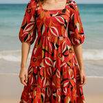 Mlle Gabrielle  Red Floral Tiered Cotton Dress Women’s S | Beach Coastal Cottage Photo 0