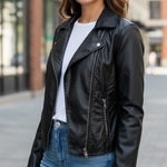 Baccini  Faux Black Leather Jacket Size Petite Medium Biker Zip Photo 0