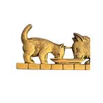 Vintage Gold Tone Brooch Pin Mother Cat Kitten Eating Bowl Estate 3.5" NWOT Photo 1