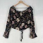 Guess  Dark‎ Floral Long Sleeve Pixxi Off The Shoulder Ruffle Tie Front Crop Top Photo 8