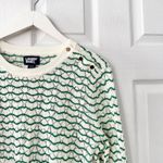 Lands' End  Green White Cotton Blend Pointelle Stripe Crew Button Trim Sweater MP Photo 5