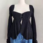 Urban Outfitters  Black Crinkle Button Front Empire Top Long Sleeve Smocked L Photo 0