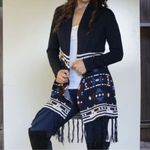 Skies Are Blue  Cream Navy Blue Long Cardigan Fringe Tribal Print Size Medium Photo 11