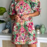 Cleobella Nadine Mini Dress Colorful Pink/Green Puff Shoulder Panama Print Med Photo 0