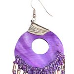 Vintage Purple Dyed Shell Dangle Earrings Silver Tone Boho 4.5" Estate Fringe Photo 2