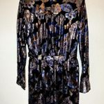 Ramy Brook  Silk Metallic Jacquard Dress Long Sleeve Deep V-Neck Floral Blue 10 Photo 4