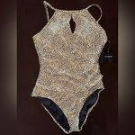 Ellen Tracy One Piece Swimsuit, High Neck with Keyhole Cutout Wheat, Speckled Photo 1