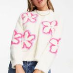 Bershka  Fluffy Floral Sweater in White Photo 0