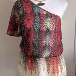 a.n.a . One Shoulder Peplum Boho Watercolor Feather Print All Occasion Blouse Photo 0