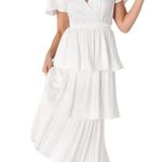 Lulus Twirl-wind Romance White Satin Tiered Midi Dress size Medium NWT Photo 0
