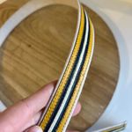 Vintage Italy Made Yellow Navy Stripe Belt With Gold Buckle Size Medium Photo 3