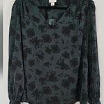 Ava & Viv  Hunter green silk blouse w, black floral print. Photo 0