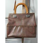 Paisley Print Tote Bag Detachable Shoulder Straps Brown Leather Silver Accents Photo 1