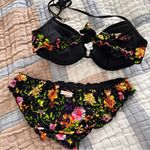 None Vtg black floral tropical colorful bright push up top lettuce trim bikini set Photo 4