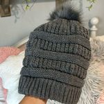 Winter Cap Gray Cable Knit Faux Fur Puffy Ball Womens Hat One Size Photo 0