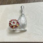 Vintage Silver Tone‎ Red Diamanté Ten Pin Bowling Ball Brooch Photo 1