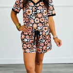 Shirley & Stone Boho Floral Skeleton Short With Short Sleeve Pajama Set Size Lg Orange Photo 0