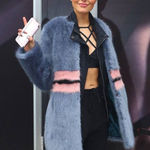 Shrimps Frederica Blue Pink Black Striped Colorblock Agnes Faux Fur Long Coat Size 10 Photo 1