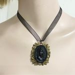 Vintage Sweet Romance USA Black Cameo Pendant Lace Choker Necklace Photo 1