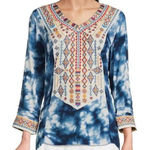 John Mark  Women's Embroidered V-Neck Tunic Top Blue Tie Dye Size L Photo 0