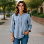 Loft Womens Blouse Sz XS Blue Oxford Cloth Henley Banded Collar Shirt Top Photo 1