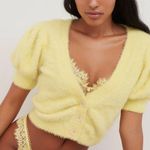 For Love & Lemons Devon Cropped Fuzzy Cardigan Puffy Sleeve Sweater Yellow Photo 0
