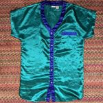 VINTAGE BLUE & GREEN SATIN PEARL BUTTON SHIRT DRESS Size M Photo 4