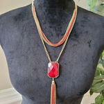 NY Women's Gold Chain Necklace Red Stone Pendant With Tassel And Lobster Claw Photo 0