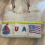 Patriotic Fourth Of July USA Flag Straw Tote Bag Leather‎ Handles Beach Coastal Tan Photo 6