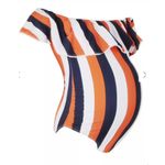 Boohoo Maternity Off The Shoulder Ruffle Stripe White Swimsuit Size 4 - NWT Photo 2
