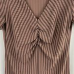 ZARA New  Ruffled Ruched Dress V-Neck Short Sleeve Midi Brown Stripe Photo 7