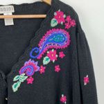 Abini Cardigan Sweater Women 1X Vtg Black Floral Embroidered Knit Grandmacore Photo 2
