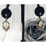 Vintage Silver Tone Drop Dangle Faux Pearl & Floral Hoop Earrings Clip On 1.75" Photo 4