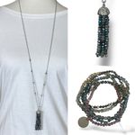 Cookie Lee Beaded Tassel Charm Pendant Necklace Bracelet Set Silver Lavender Photo 2