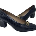 Salvatore Ferragamo  black crock embosse gold horsebit hardware block heels sz 7 Photo 1
