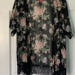 No Boundaries  Boho Black Pink Rise Floral Pattern Fringe Kimono Sz Large Photo 0