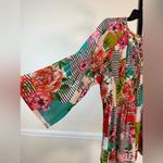 Bohemian Bright Floral Tunic Top Lightweight Stretch Blouse Ruffle Modest Office Pink Size L Photo 1